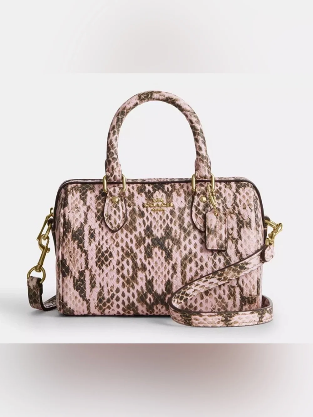 NWT Coach Mini Rowan Crossbody Bag snake embossed leather/Gold/Pink